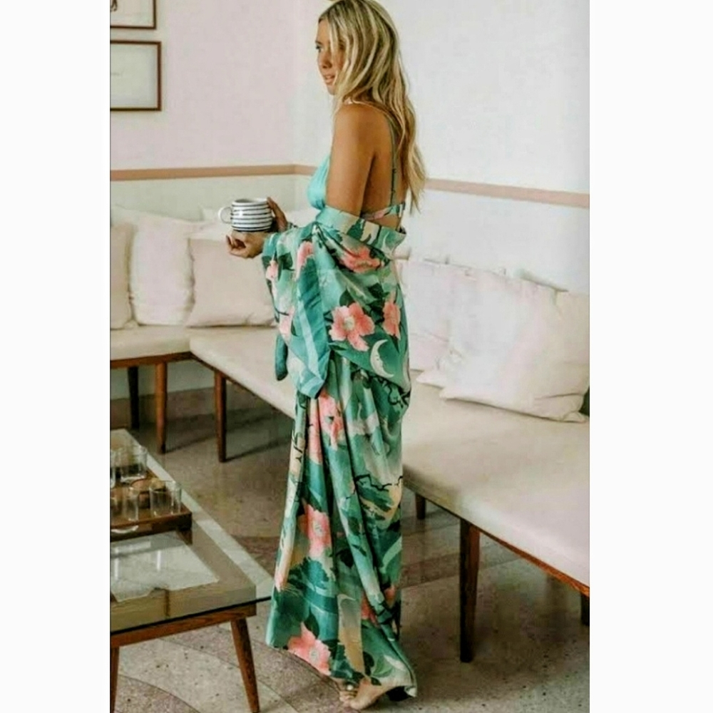 NEW Boho Vintage Floral Print Kimono Maxi Duster Jacket Robe Teal Pink - Picture 4 of 13